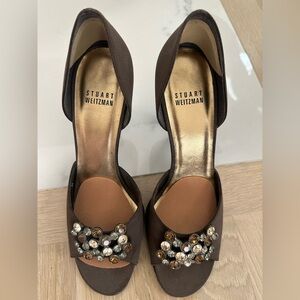 Stuart Weitzman Brown Satin Peep-Toe Embellished Heels